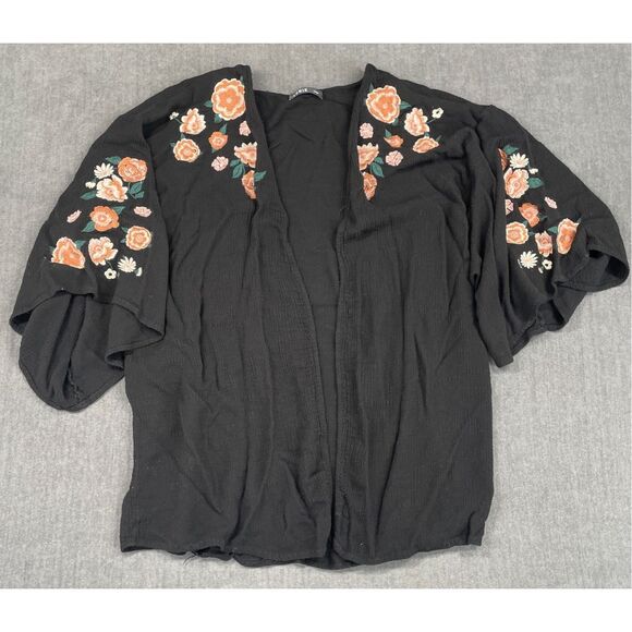 Womens Kimono L Black Embroidered Boho Floral Lightweight Cardigan Casual Flowy - Picture 1 of 8